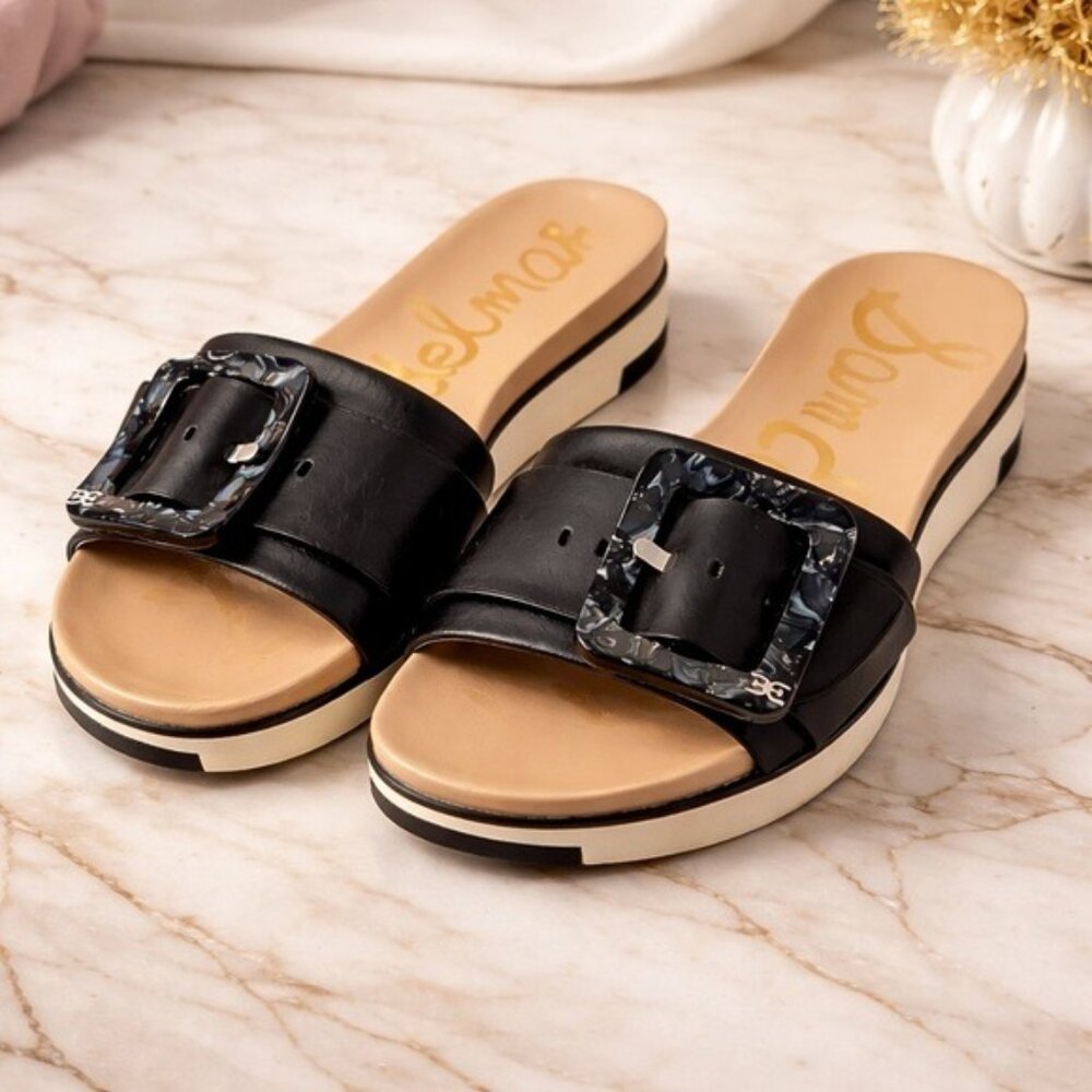 Sam Edelman Ariane Platform Slides Black Buckle Sandals Size 7 W Chic